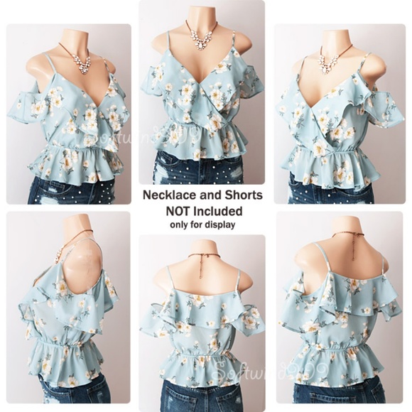 Light Blue Floral Ruffle Cold Shoulder Cropped Top - Picture 5 of 8